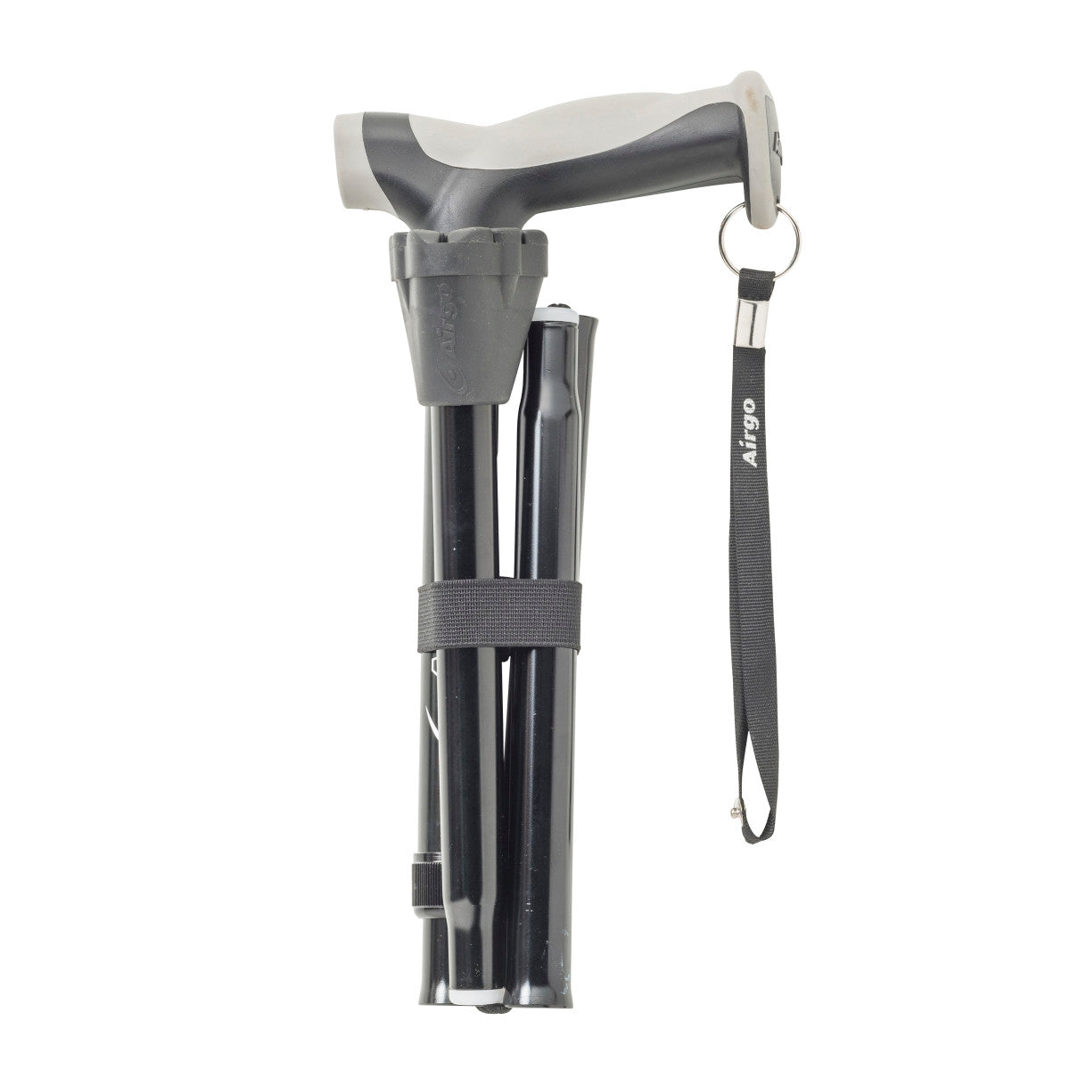 Airgo Comfort-Plus folding cane in Black, folded into sections with its retaining strap
